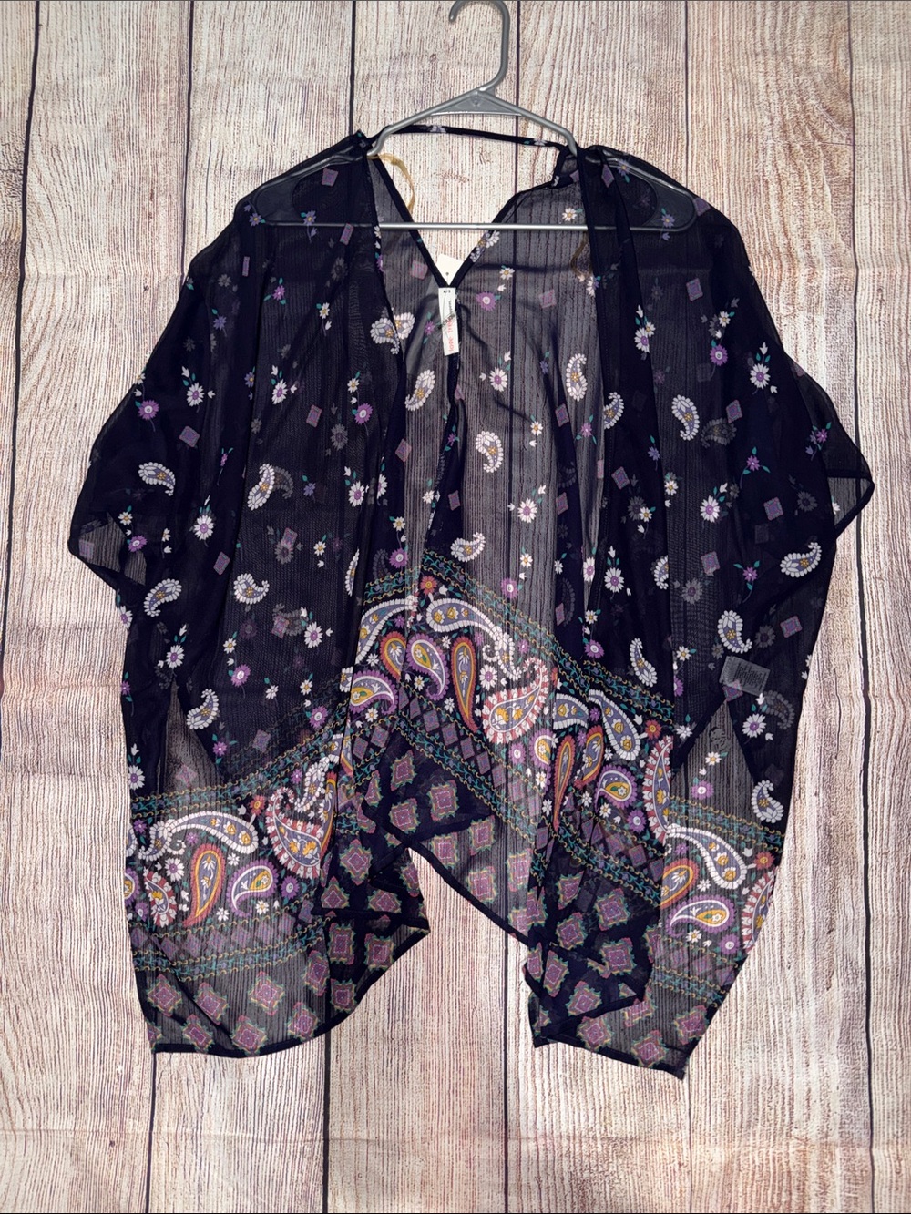 Love Tree Black Sheer Paisley Kimono with Purple & Gold Accents